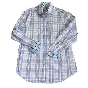 Bugatchi Men’s Oxford Square Button XL Blue White Geometric Single Stitch Vtg